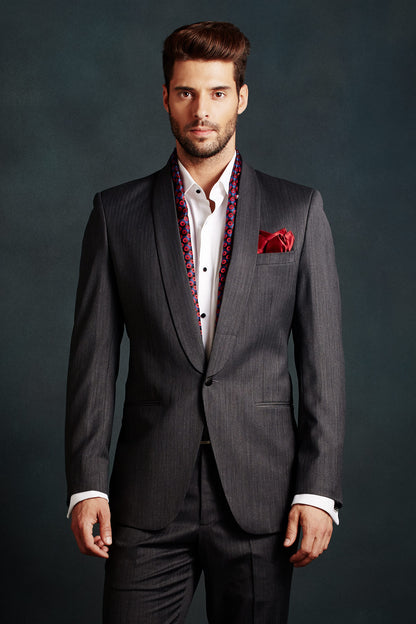 Grey Slim Shawl Herringbone Suit