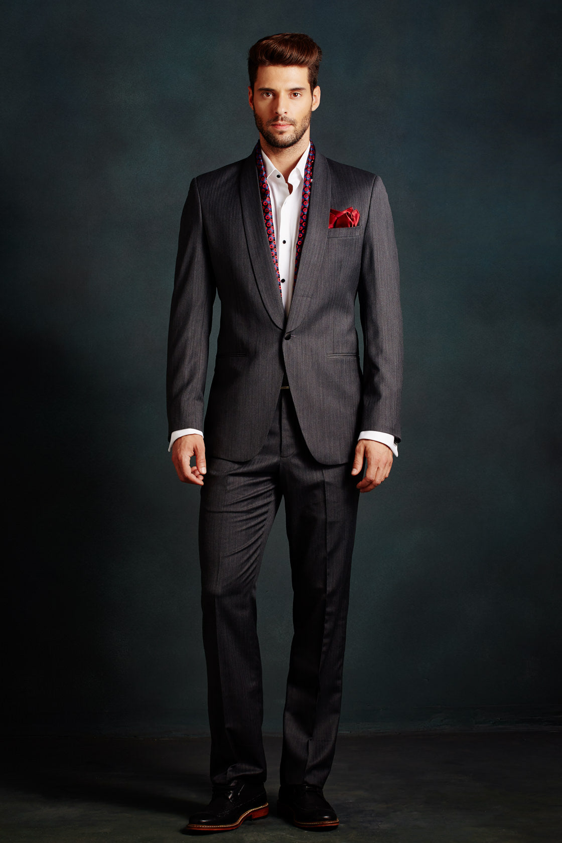 Grey Slim Shawl Herringbone Suit