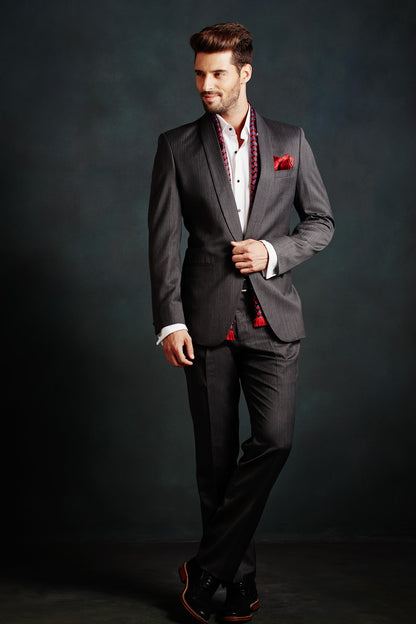 Grey Slim Shawl Herringbone Suit